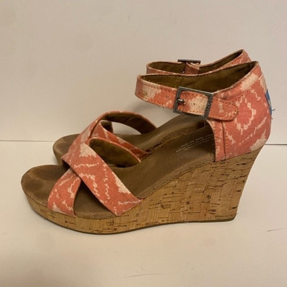 TOMS Sienna Cork Wedges Coral Ikat Sandal size 8.5